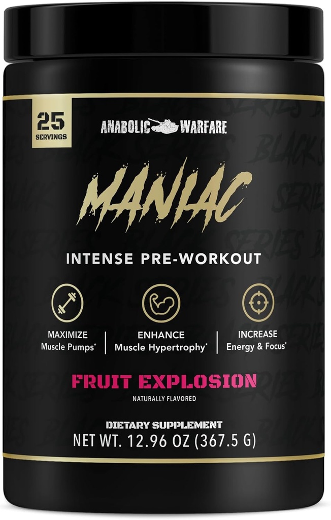 Anabolske krigsførelse Black Series Maniac, Pre- workout pulver, understøtter nitrogenoxid, muskelpumper, og Protein Syntese * Frugt eksplosion