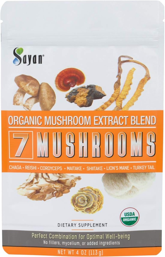 Sayan 7 Svampe USDA Organic Extract Powder Blend Supplement 4 oz / 113g - Chaga, Reishi, Cordyceps, Maitake, Shiitake, Lions Mane og Tyrkiet Tail, Ingen Fillers, Tilføj til kaffe eller te, Fruiting Body