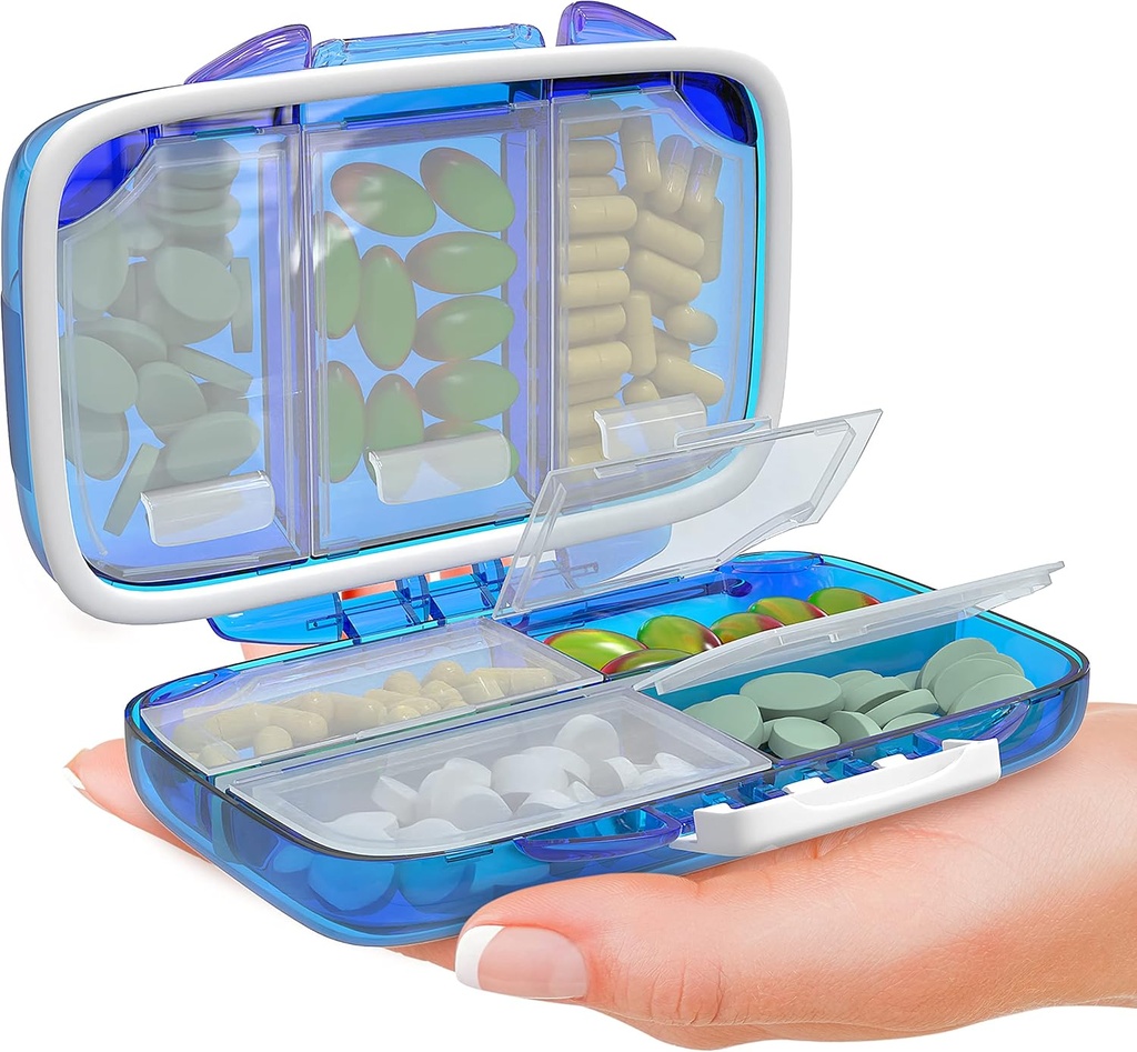 Travel Pill Organizer - Fugt Bevis Bærbar Vitamin Holder med 7 kompartmenter, Kompakt supplement sag for Purse Essential Medicine Kit fot Traveling Pocket Pharmacy med etiketter, Blå