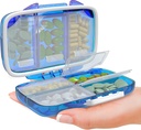 Travel Pill Organizer - Fugt Bevis Bærbar Vitamin Holder med 7 kompartmenter, Kompakt supplement sag for Purse Essential Medicine Kit fot Traveling Pocket Pharmacy med etiketter, Blå