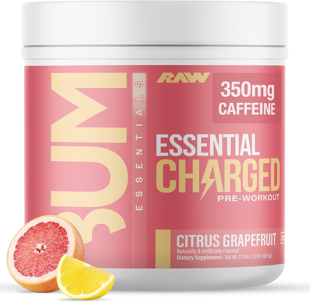 RAW Pre- Workout Powder, Essential CHARGED (Citrus Grapefrugt) - Preworkout supplement til mænd, Kvinder - Understøtter Focus, Mood, Performance - Koffein, Alpha- GPC, L- Citrullin, Beta Alanine (25 Servere)