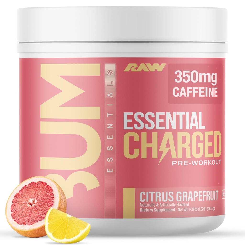 RAW Pre- Workout Powder, Essential CHARGED (Citrus Grapefrugt) - Preworkout supplement til mænd, Kvinder - Understøtter Focus, Mood, Performance - Koffein, Alpha- GPC, L- Citrullin, Beta Alanine (25 Servere)