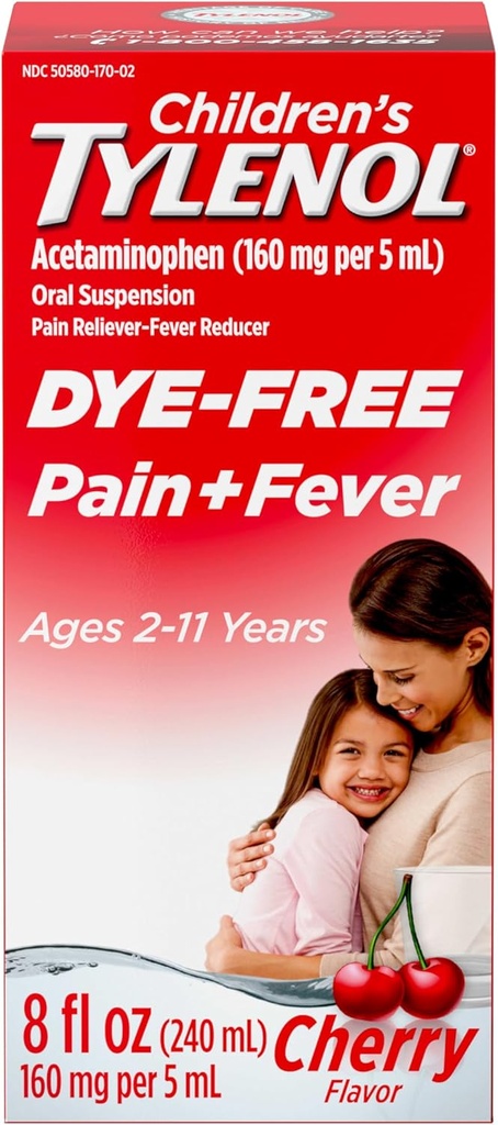 Children 's Tylenol Liquid Pain Relief & Fever Medicine, Oral Suspension, Fary- Free, Acetaminophen, No Aspirin, No Ibuprofen, No High Fructose Corn Syrup; Cherry Flavor, 8 fl. oz.; pakning med 1 stk.