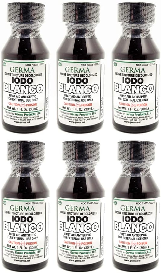 Germa White Jod Tincture. Førstehjælp Antiseptik. for Minor Scrapes, Cuts, Bruises og Burns. Forhindrer hudinfektion. 1 oz. Pakning á 6