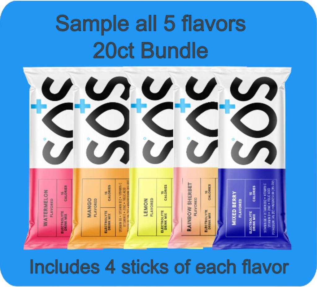 SOS Hydration, Electrolyte Powder Packets – Low-Calorie, Low Sugar, Rapid Rehydration, Made in USA, Keto & Vegan Friendly 5-Flavor Variety Pack, 20 Sticks
