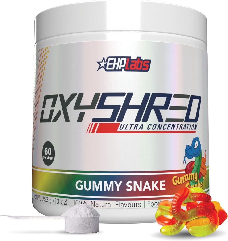 EHP Labs OxyShred Pre Workout Powder - Preworkout Powder med L Glutamin & Acetyl L Carnitin, Energy Boost Drink - Gummy Snake, 60 Servering