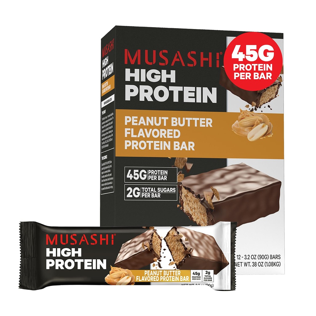 MUSASHI High Protein Bar, 45g Protein, 2g Total sukkerarter, Peanut Butter & Milk Chocolate Coated, Post Workout og Protein Snack On Go, 12 Pack af 3,2 oz (90g) Barer