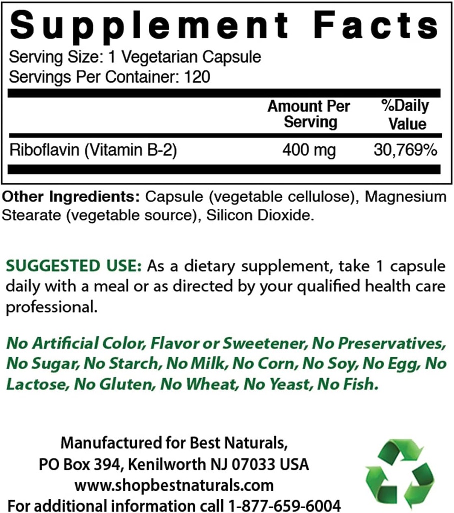 Bedste Naturals vitamin B2 (Riboflavin) 400mg & vitamin B- 6 25 Mg