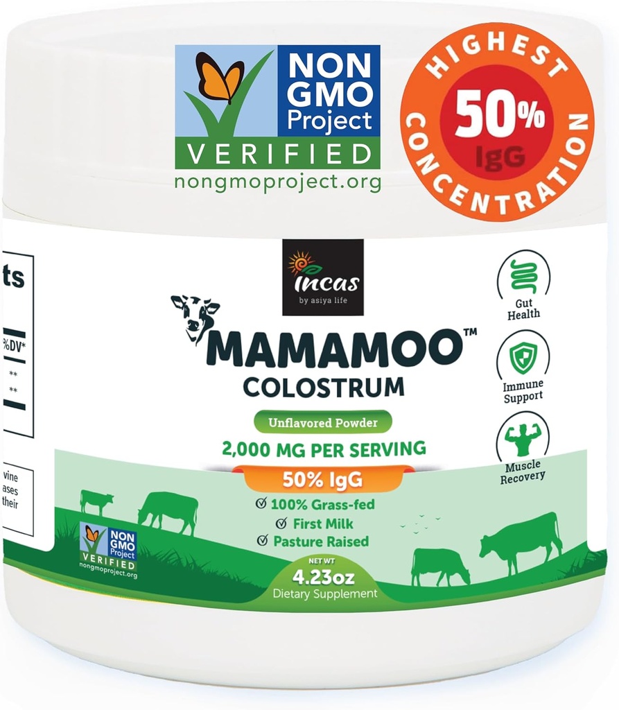 MamaMoo ™ Colostrum Powder > 50% IgG, Grass Fed, First & Only Non GMO Verified, Gut Health Bloating Immunity, Indeholder 400 + bioaktive næringsstoffer, Tredje Party Lab Testet, 60 Serveringer (Unflavored)