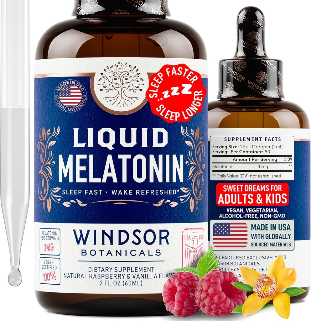 Flydende Melatonin til voksne og børn 6 år op - 3 mg Melatonin Drops Ekstra styrke Flydende sovestøtte - Hurtig Absorbtion, Raspberry Vanilla Flavor Melatonina - 2oz, 2- Måned Supply, Made in USA