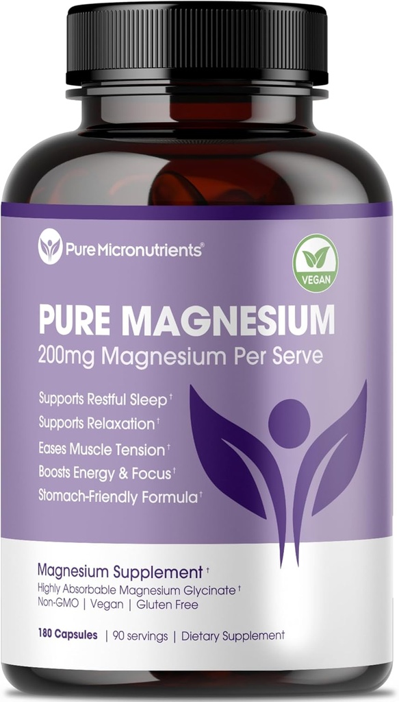 Pure Magnesium Glycinate Supplement - stærkt Absorberet Chelated Magnesium til støtte søvn, muskel & nerve sundhed, energi, afslapning & ben sundhed - 200mg per servering, 180 kapsler