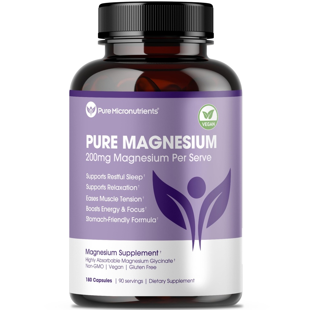 Pure Magnesium Glycinate Supplement - stærkt Absorberet Chelated Magnesium til støtte søvn, muskel & nerve sundhed, energi, afslapning & ben sundhed - 200mg per servering, 180 kapsler