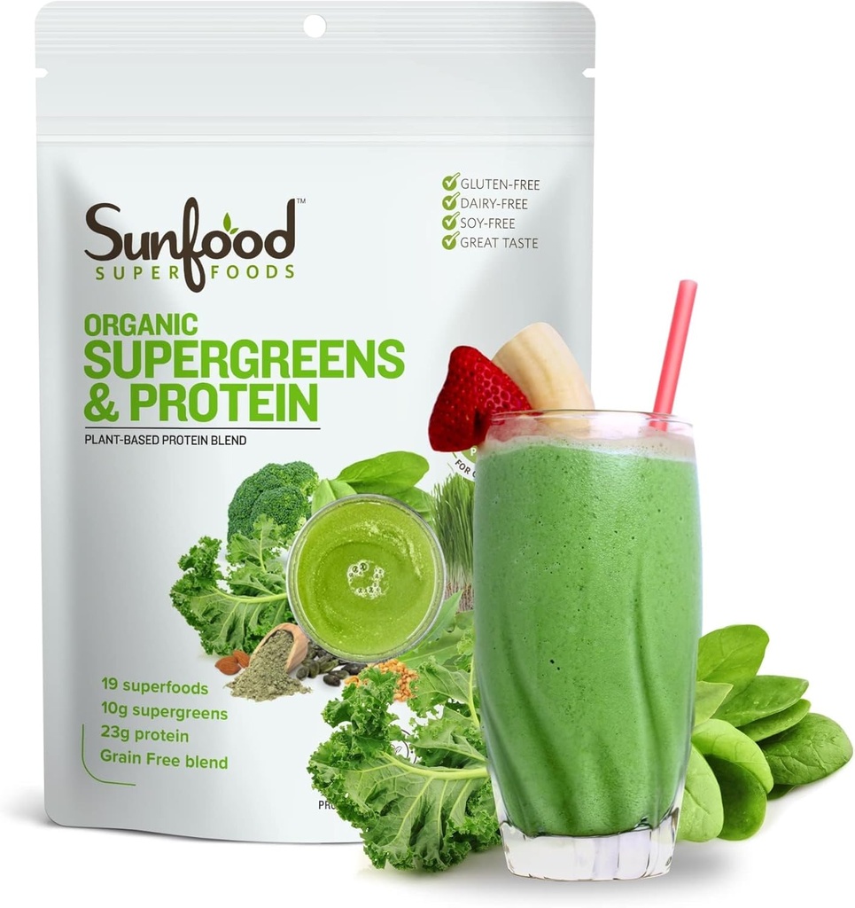 Sunfood Organic Supergreens & Protein - Green Superfood Powder, Organic Protein Powder, Plant Based Vegan Protein, Super Green for Gut Health w / Chlorella & Spirulina, 23g Protein Per Serving - 8 oz