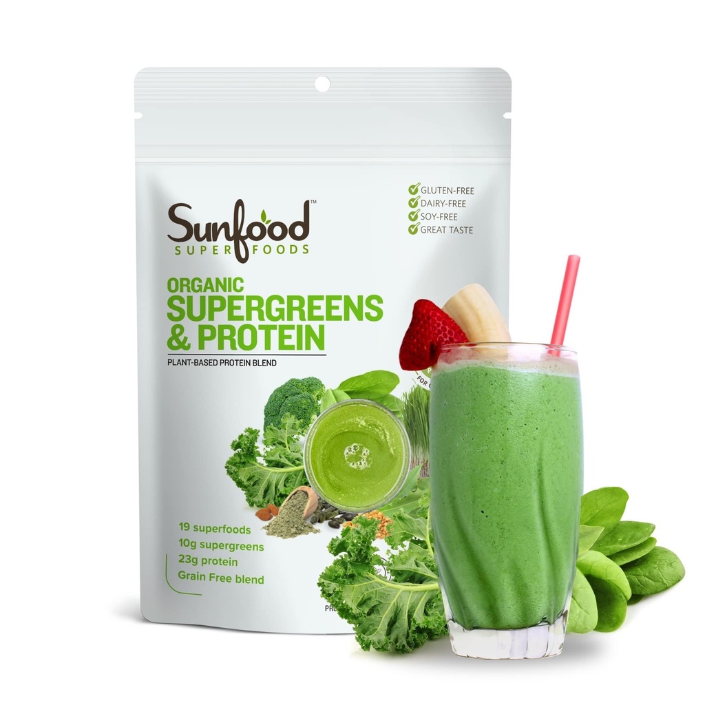 Sunfood Organic Supergreens & Protein - Green Superfood Powder, Organic Protein Powder, Plant Based Vegan Protein, Super Green for Gut Health w / Chlorella & Spirulina, 23g Protein Per Serving - 8 oz