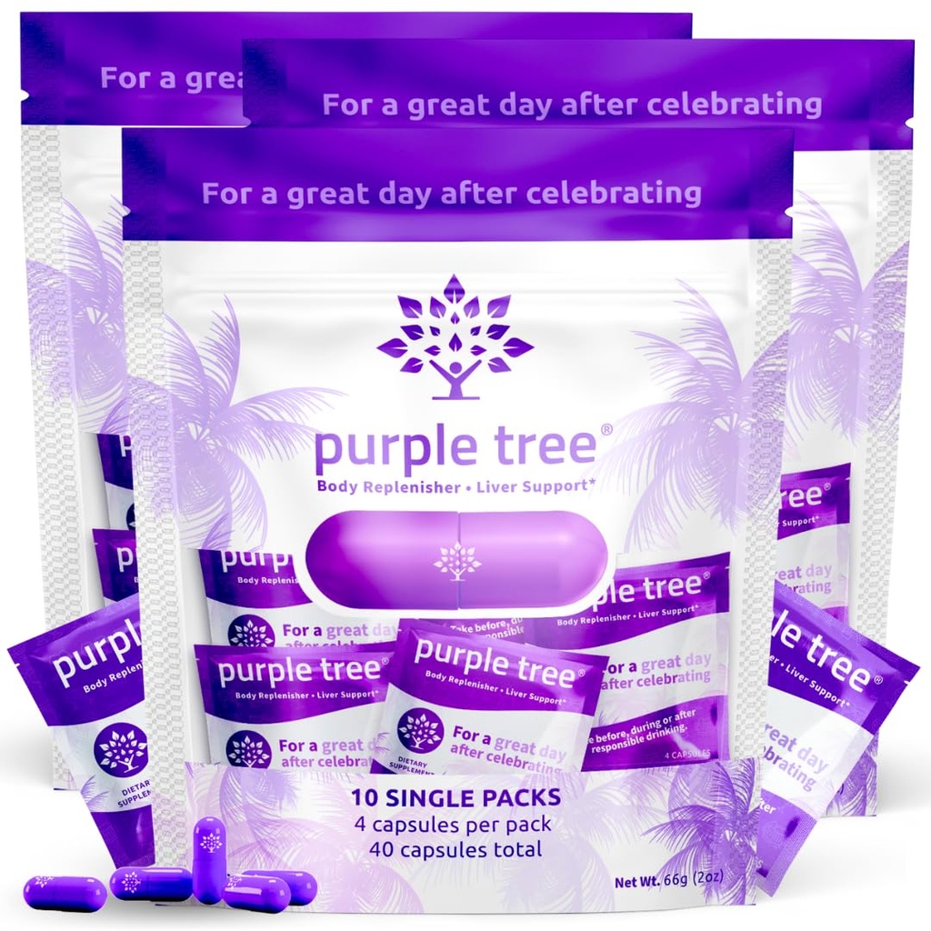 purple tree Post-Drink Wellness Supplement for Liver Support & Hydration | Dihydromyricetin DHM, Milk Thistle, Electrolytes, Vitamins | Bachelorette & Bachelor Party Kits, 30 Packets, 120 Pills