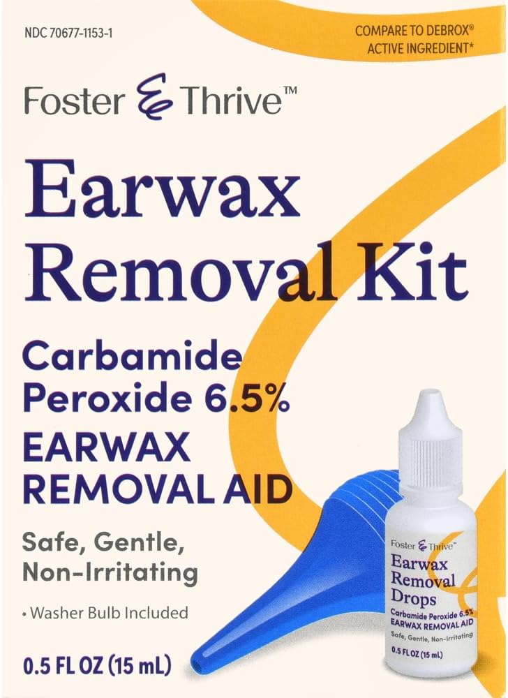 Foster & Thrive Earwax Removal Kit, Softens & Loosens Excess Earwax, Safe, Gentle and Non- Irriting, Carbamid Peroxid 6,5%, Inkluderer Drops og Ear Syringe Bulb, 0,5 Oz