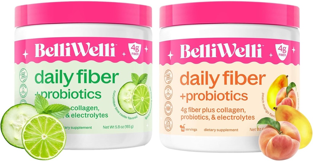 Daglig Fiber Supplement Bundle med Collagen, Probiotika, Elektrolyter & Hydration Support - Cuckumber Lime Mint & Peach Mango Flavors - fremmer fordøjelse, hud sundhed, Gut Balance - 32 Serveringer