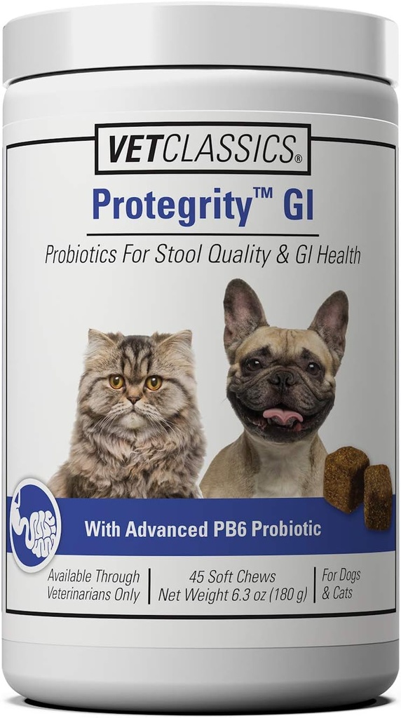 Vet Classics Protegrity GI Probiotika til hunde & katte til afføring kvalitet & Gastrointestinal sundhed, understøtter GI sundhed i stressede og ubalancerede, 45 bløde tykkere