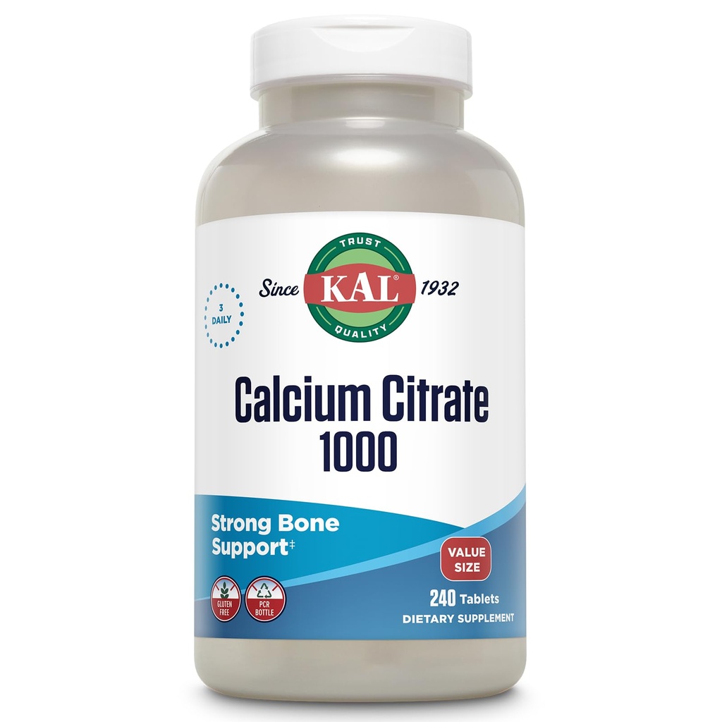 KAL Calcium Citrate 1000mg, Calcium Kosttilskud til kvinder og mænd, Knoglehelbred, tænder, Nervøse, Muskulært & Kardiovaskulært System Support, Gluten Free and Lab Verified, 80 Servere, 240 tabletter