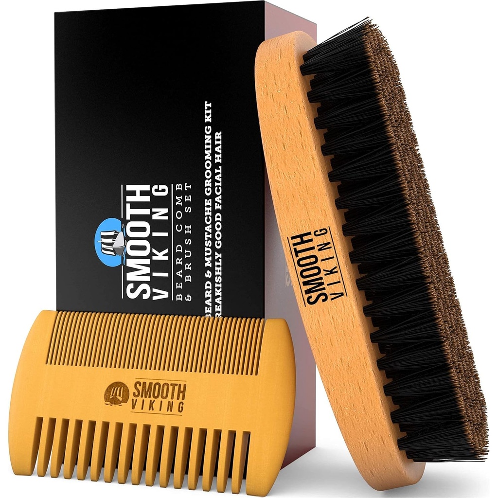 Beard Brush and Comb - Natural vildsvin Brittle Beard Brush & Beard Comb for Mænd - Ansigtspleje Gavesæt til mænd - Mustache Styling, Grooming & Shaping Tools