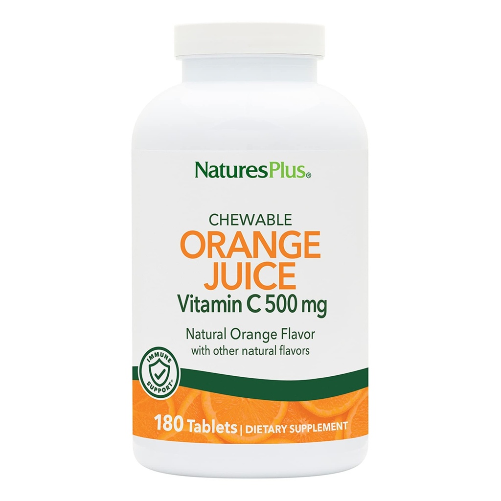 NaturePlus Orange Juice Chewable C-vitamin - 500 mg, 180 tabletter - høj potens immunforsvar supplement, antioxidant - blid på mave-vegetar, Gluten- fri - 180 Serveringer