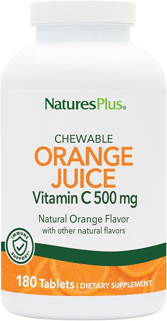 NaturePlus Orange Juice Chewable C-vitamin - 500 mg, 180 tabletter - høj potens immunforsvar supplement, antioxidant - blid på mave-vegetar, Gluten- fri - 180 Serveringer