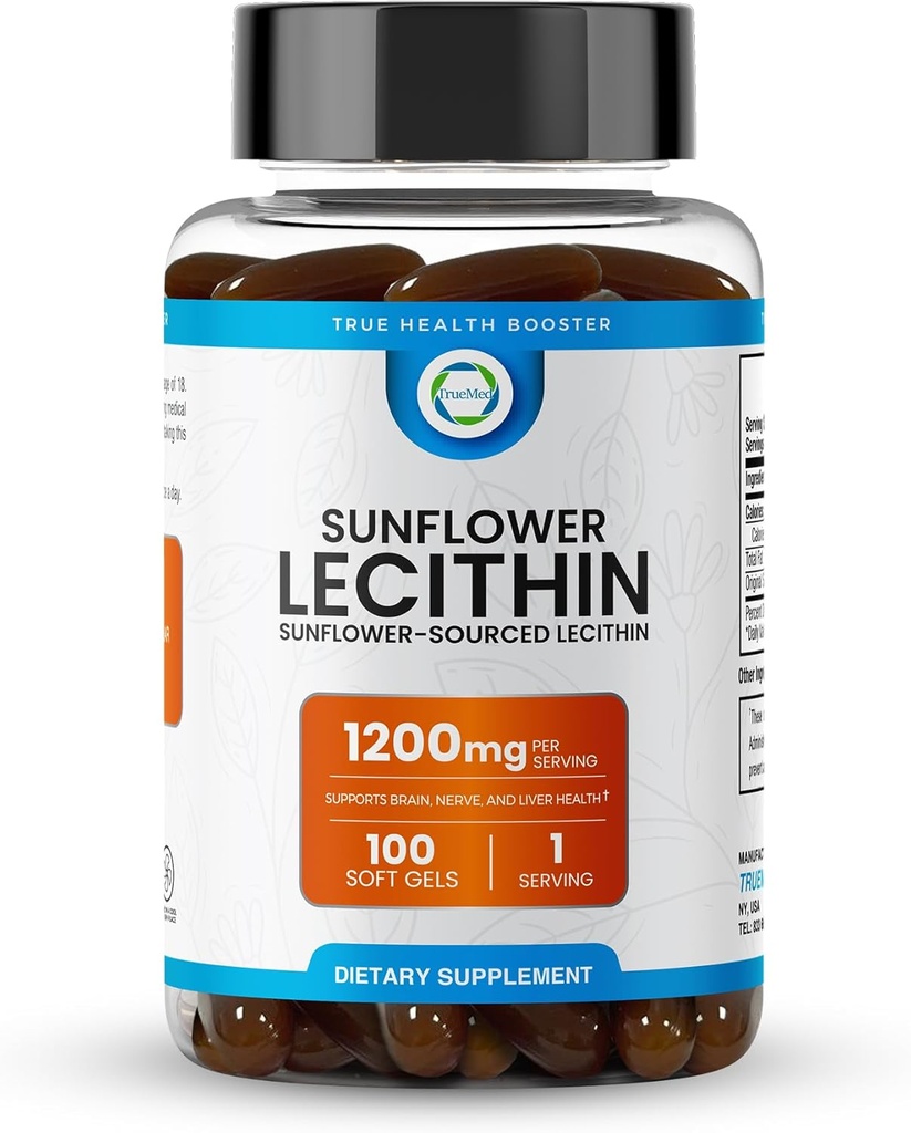 Solsikke Lecithin 1200 MG 100 Softgel, 100- Day Supply Garanteret Pure, Non- GMO, Soy- Free, Understøtter hjerne, hjerte, nerve, leversundhed, kognitiv funktion, sund Cholesterol, høj Absorption Formel