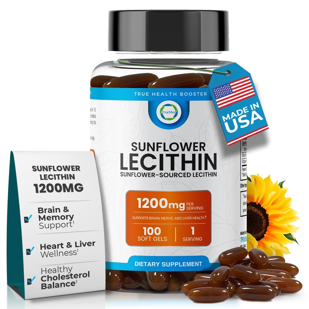 Solsikke Lecithin 1200 MG 100 Softgel, 100- Day Supply Garanteret Pure, Non- GMO, Soy- Free, Understøtter hjerne, hjerte, nerve, leversundhed, kognitiv funktion, sund Cholesterol, høj Absorption Formel