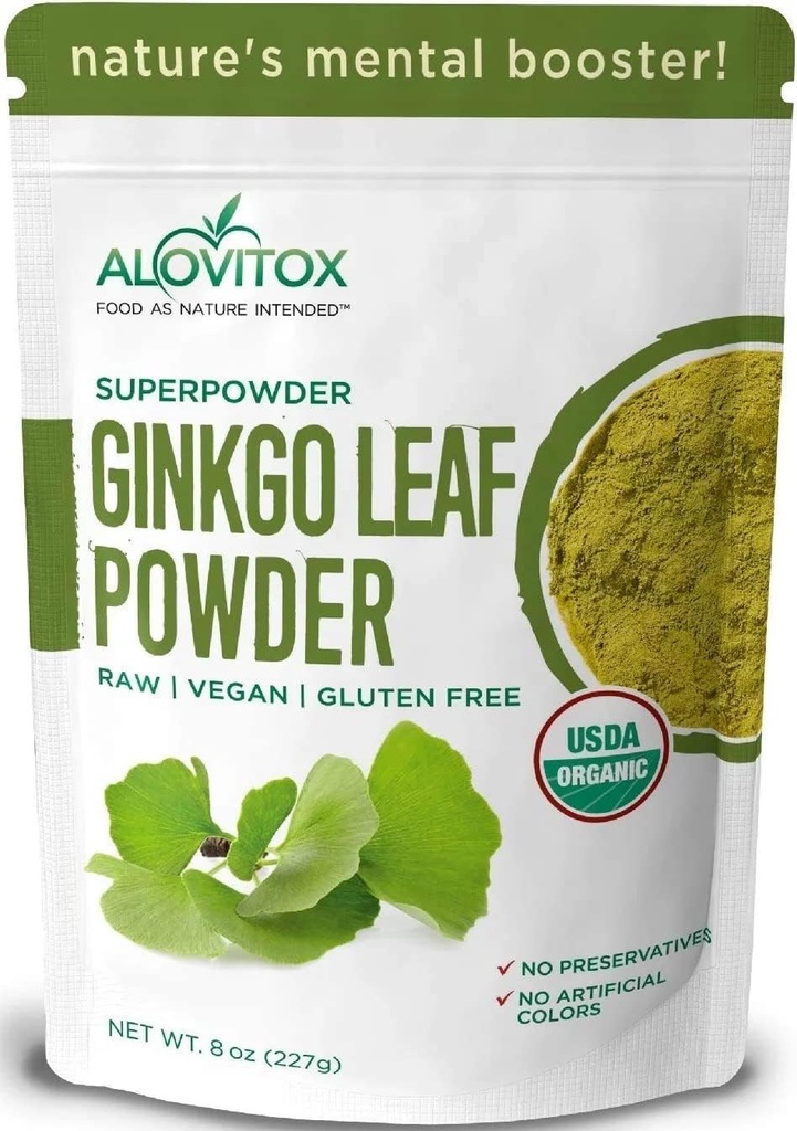 Ginkgo Biloba Leaf Powder 8oz - Ginkgo Biloba Tea understøtter sund aldring, hukommelse, fokus, mad & koncentration - 100% Natural Ginko Leaf Extract, Vegan, Non GMO & Certified Organic Ginkgo Leaf Powder