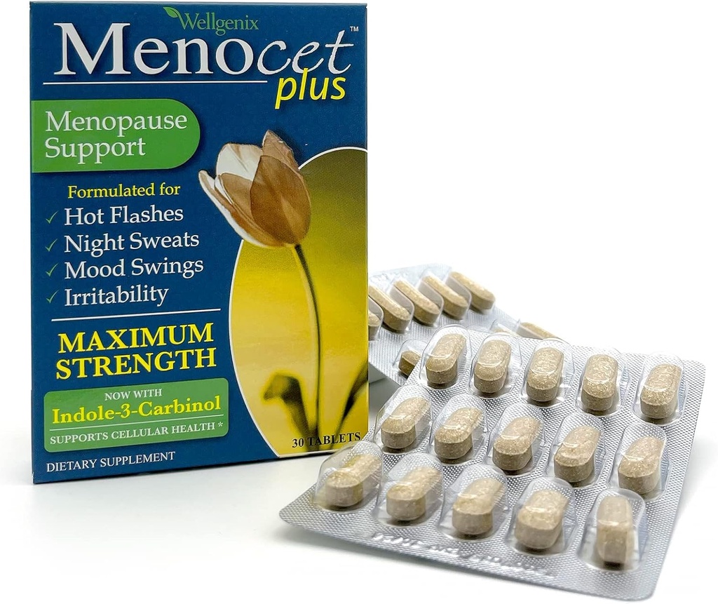 Wellgenix Menocet Plus Menopause Support - Natural Support for Women - Daily Relief Feminine Care - Hjælper med Hot Flashes, Night Sweats, Mood Swings & Irritability - 30 tabletter