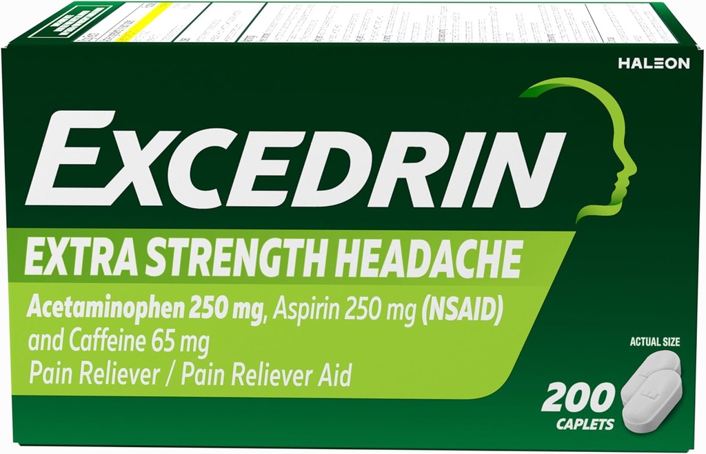 Extradrin Extra Strength Pain Relief Caplets for Headache Relief, Acetaminophen 250 mg, Aspirin 250 mg, Koffein 65mg, Pain Reliever, 200 Count