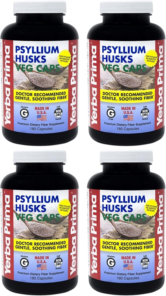Yerba Prima Psyllium Husks Veg Caps - 180 Count (Pack of 4) - Vegan, Non- GMO, Gluten Free, Colon Cleanser, Daily Fiber Supplement for Gut Health & Regularity