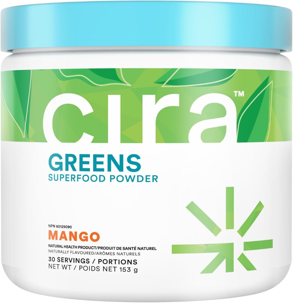 Cira Daily Green - naturligt sødet, Økologisk Spirulina Superfood pulver med Premium, Antioxidant- Rich Ingredienser til debloating, fordøjelse, & Energi - Mango, 30 Servere