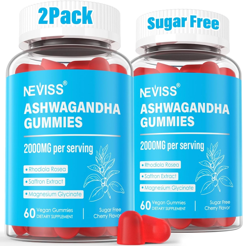 Ashwagandha Gummies, Magnesium Glycinate Gummies 2000mg for Adults, Vitamin B6, Zinc, Rhodiola Rosea, Lemon Balm, Relaxation Support, Natural Zzz, Brain, Muscle, Stamina, Energy, Sugar Free