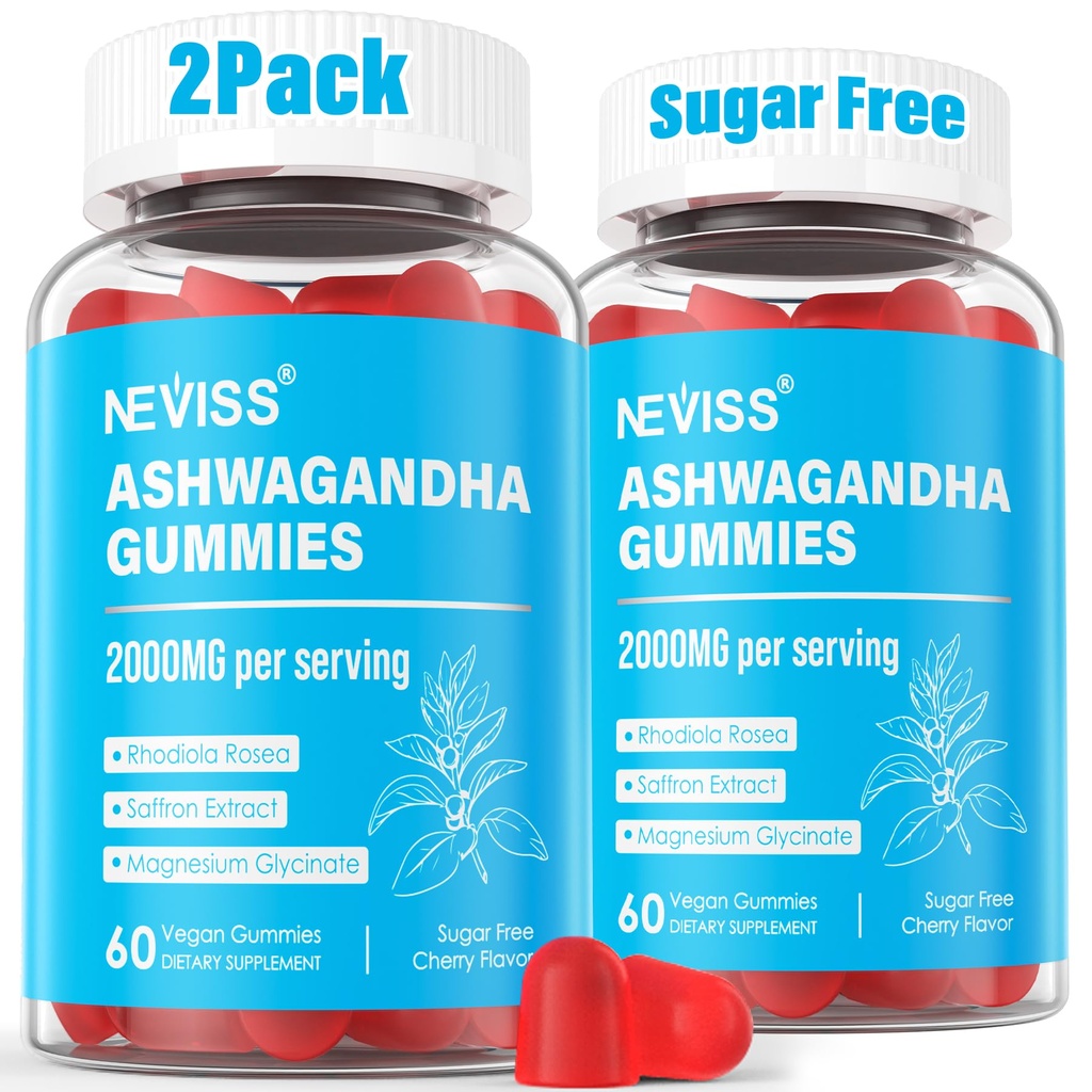 Ashwagandha Gummies, Magnesium Glycinate Gummies 2000mg for voksne, Vitamin B6, Zink, Rhodiola Rosea, Lemon Balm, Afslapning Support, Natural Zzz, Brain, Muscle, Stamina, Energi, Sukker Free
