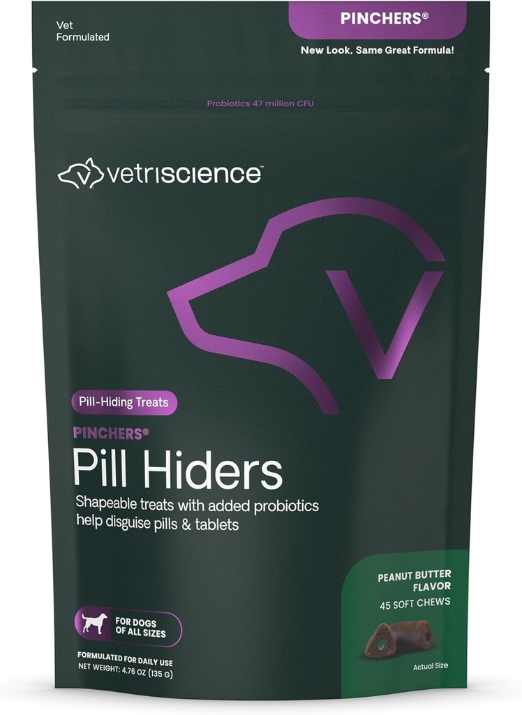 VETRISCIENCE Pinchers Pill Hiders Chews, Non-Greasy Pill Wrap med Probiotika til hunde, Disguise små piller, kapsler og tablets, Soft and Chewy, Gut and immun Support, Peanut Butter, 45 Greve