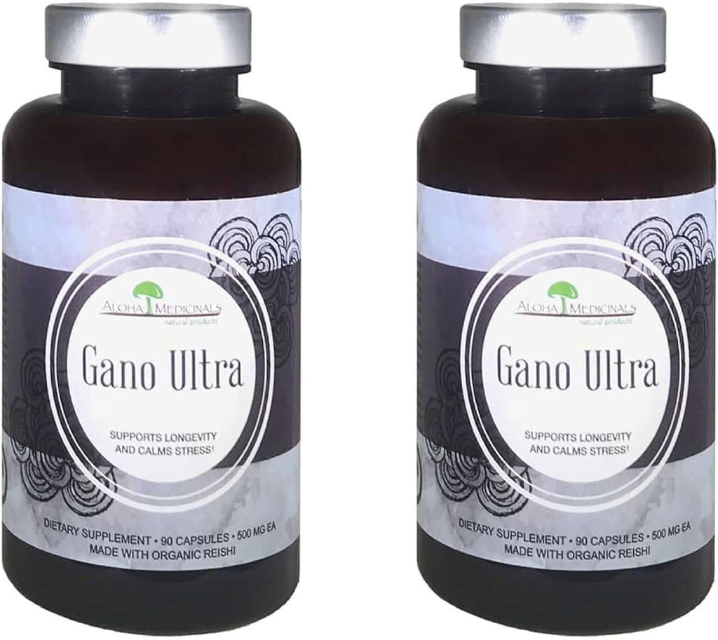 Aloha Medicinals Gano Ultra, Certified Organic Mushroom Supplement, Natural Health Supplement, Pack of 2, 90 Kapsler Hver