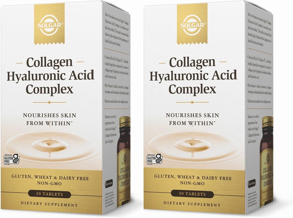 SOLGAR Collagen Hyaluronsyre Complex - 30 tabletter, pakke med 2 - non-GMO, Gluten Free, Dairy Free - 60 Total Servering