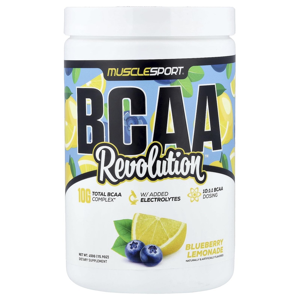 Musclesport BCAA Revolution Aminosyrepulver supplement til mænd og kvinder - Intra træningskompleks - Inddrivelse Supplement (Blåbær Lemonade, 30 Servere)