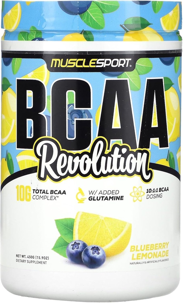 Musclesport BCAA Revolution Aminosyrepulver supplement til mænd og kvinder - Intra træningskompleks - Inddrivelse Supplement (Blåbær Lemonade, 30 Servere)