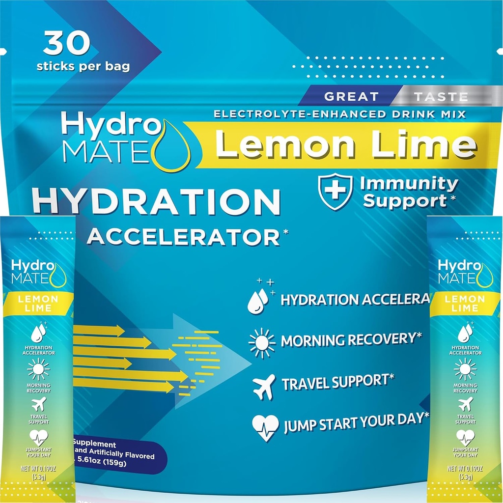 HydroMATE Electrolyte Powder Lemon Lime Hydration Pakninger Lavt sukker 30 Tælling