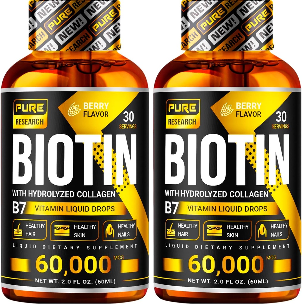 PURE FORSKNING Biotin & kollagen 60,000mcg hårvækst flydende dråber, Understøtter: stærke negle, glødende hud, sund hårvækst, mere absorption end kapsler og piller (4Fl Oz)