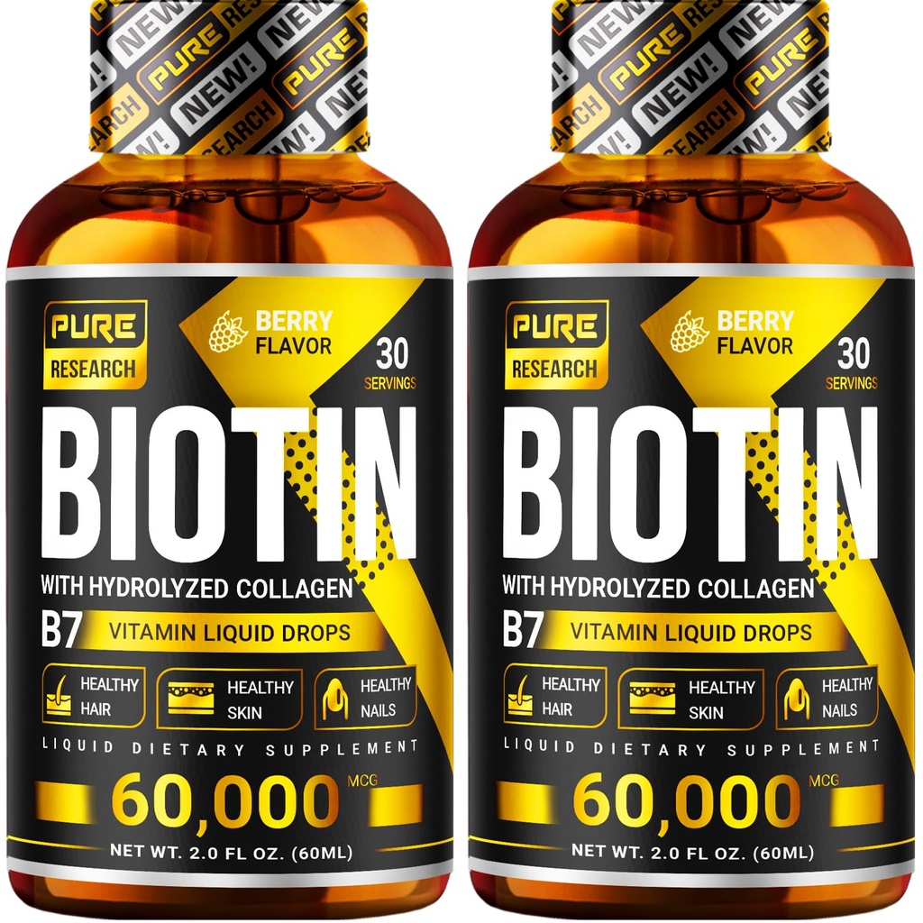 PURE FORSKNING Biotin & kollagen 60,000mcg hårvækst flydende dråber, Understøtter: stærke negle, glødende hud, sund hårvækst, mere absorption end kapsler og piller (4Fl Oz)