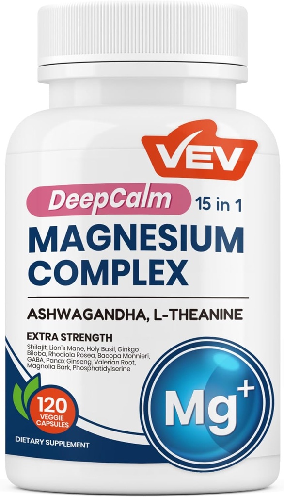VEV DeepCalm 15 i 1 Magnesium Glycinate & Citrate Complex kapsler, Cortisol kosttilskud til kvinder - Let at tage Formel med Ashwagandha & L- Theanine, 120 Vegan kapsler