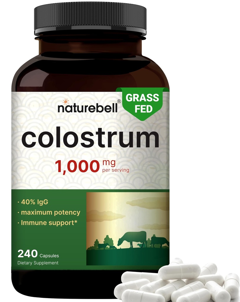 NatureBell Bovine Colostrum Supplement 1.000mg per servering, 240 Kapsler Note 124; 40% IgG Colostrum pulver til Gut sundhed, bloating, hud, hår & immunforsvar - non-GMO