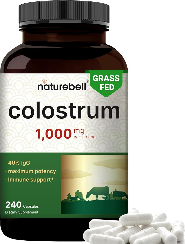 NatureBell Bovine Colostrum Supplement 1.000mg per servering, 240 Kapsler Note 124; 40% IgG Colostrum pulver til Gut sundhed, bloating, hud, hår & immunforsvar - non-GMO