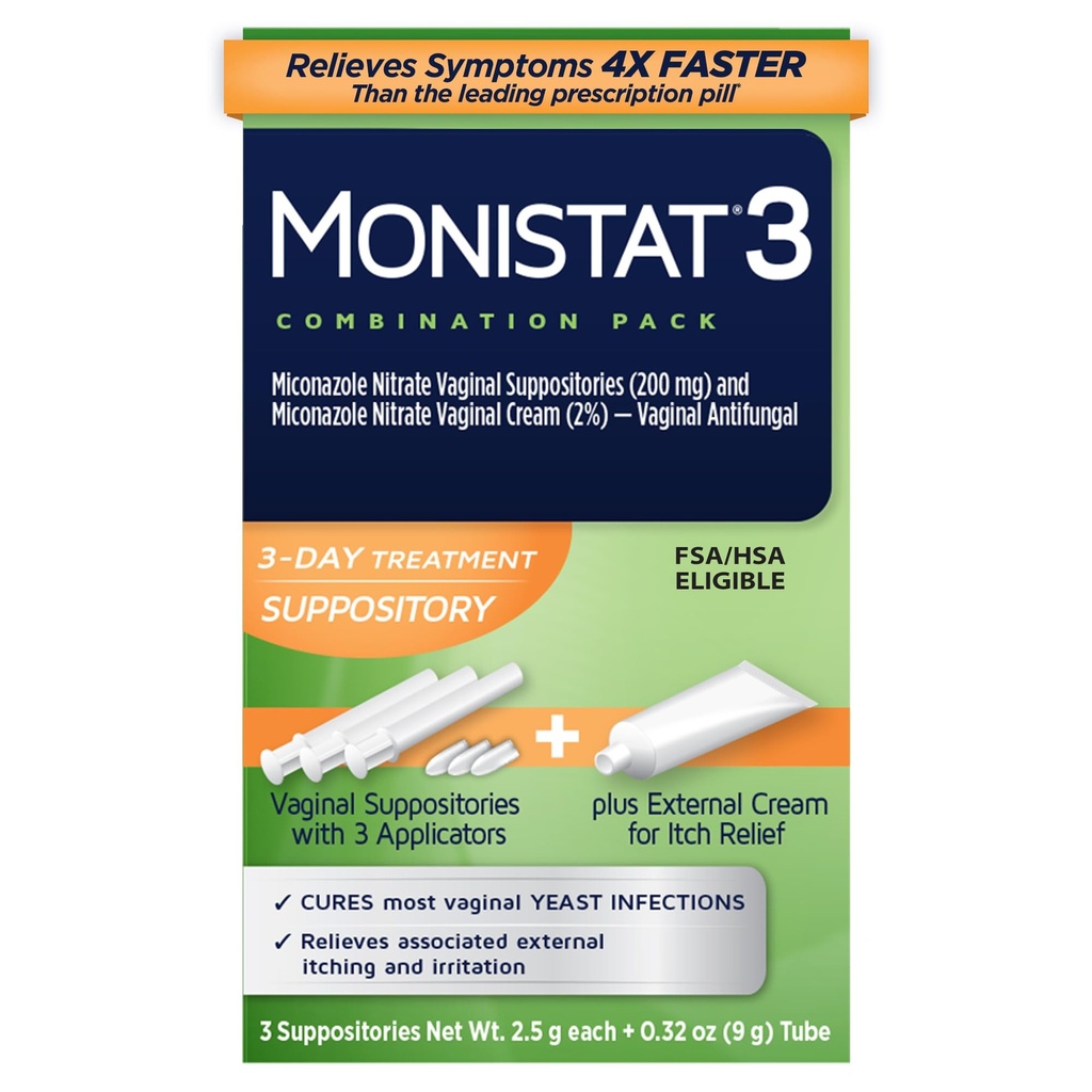 Monistat 3- Day Gær Infektion Behandling for kvinder, 3 Miconazol Vaginal Suppositorier & Ekstern Itch Relief Cream (9g Tube) Combo Pack