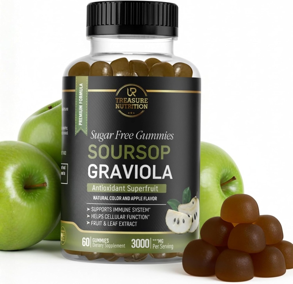 Soursop Blade & Soursop Fruit Gummies - 3000mg Soursop Extract - Graviola Supplement - Soursop Frugt og Leaf - 60ct - Sukkerfri - Gluten Free - Non-GMO - Vegansk Friendly