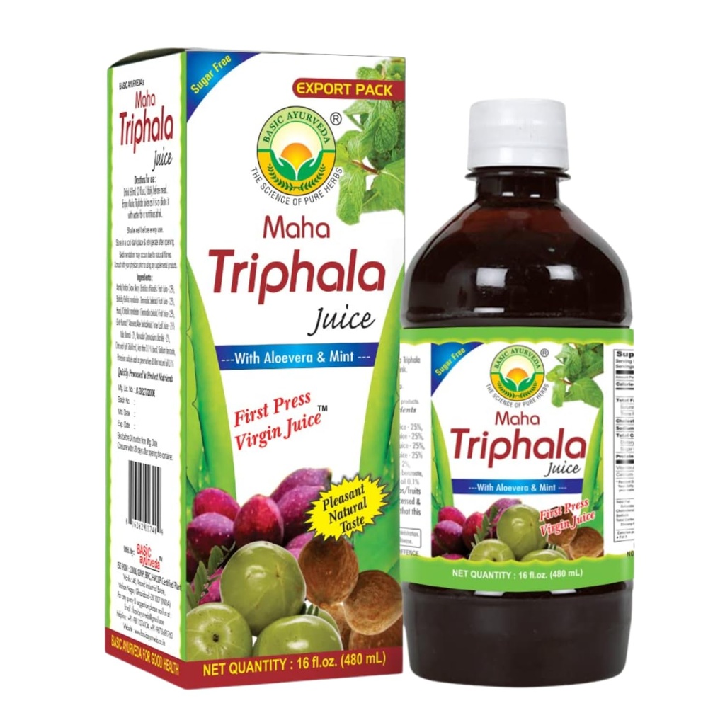 Basic Ayurveda Maha Triphala Juice med Aloe Vera & Mint - 16 Fl Oz (480ml) # 124; Natural Herbal Drink # 124; Første tryk Virgin Juice # 124; Ingen Tilføjet sukker # 124; Great for daglig brug & Cleansing