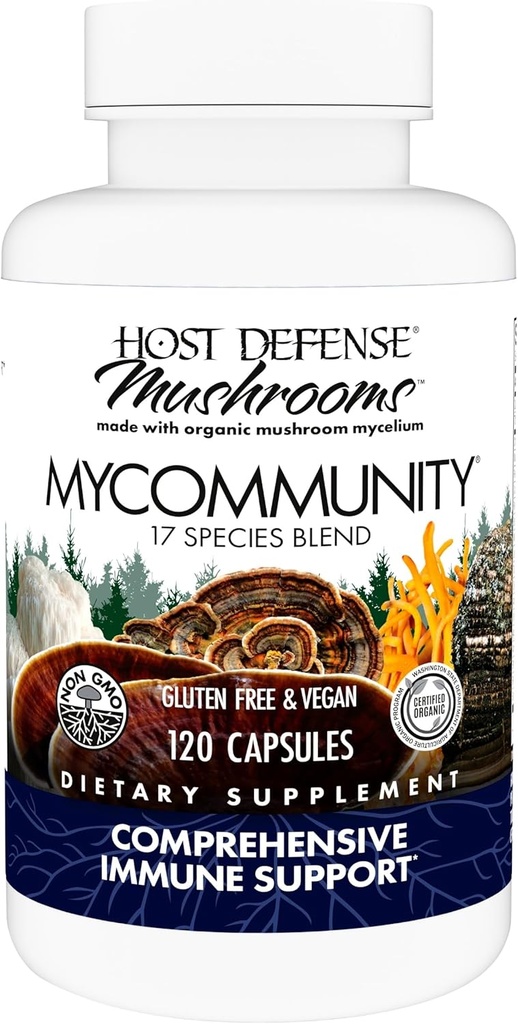 Værtsforsvar MyCommunity Kapsler - 17 Arter Blend Mushroom supplement til immunforsvar - Urtehjælp med løvens Mane, Reishi. Chaga, Cordyceps, Tyrkiet Hale & Mere - 120 Kapsler (60 Servere) *
